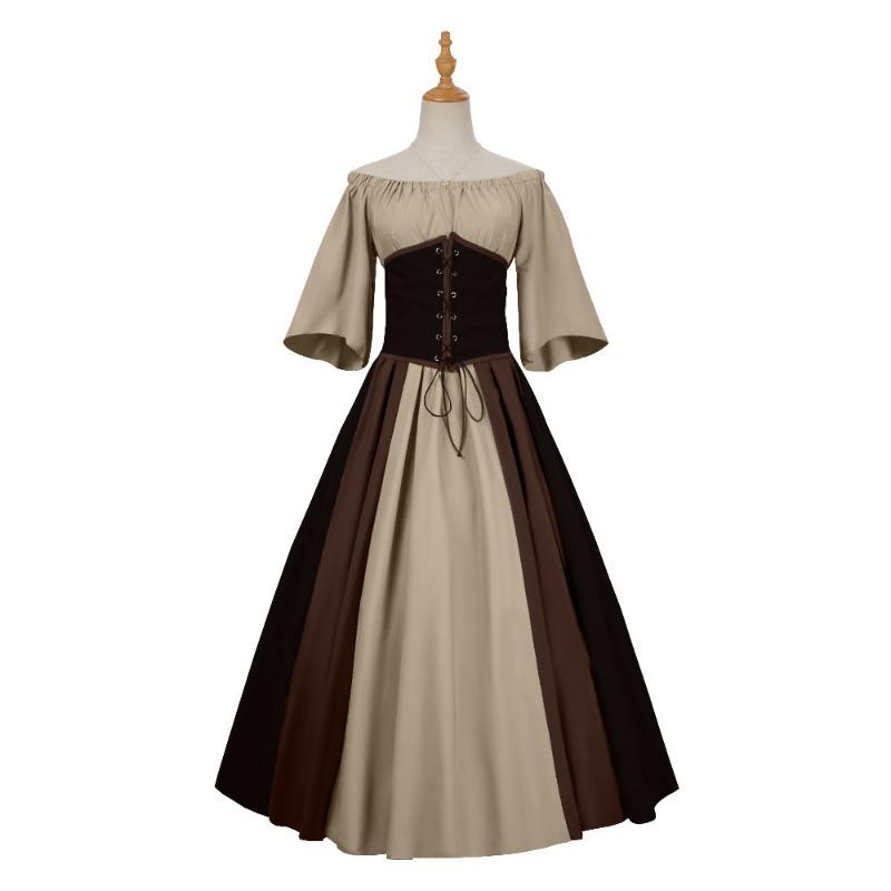 Medieval retro contrasting color slim-fitting skirt flying sleeves big swing skirt one-word shoulder dress women's clothing performance