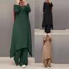 2024 Spring & Autumn Muslim Women's Solid Color Round Neck Buttoned Long Sleeve Top & Wide Leg Pants Set for Middle East.