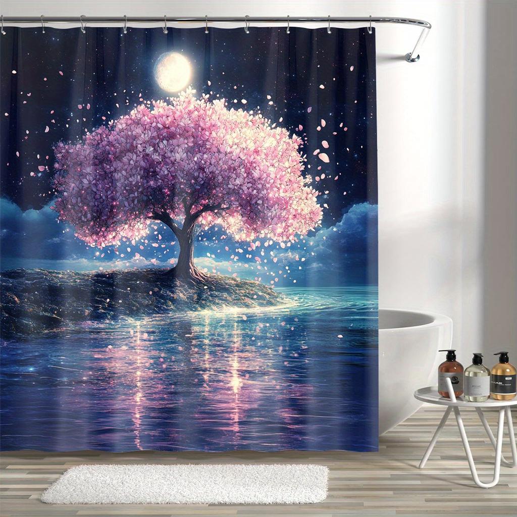 1Pc Beautiful Moonlight Peach Blossom Digital Printed Shower Curtain, Polyester With Hooks, Machine Washable, Woven, Suitab