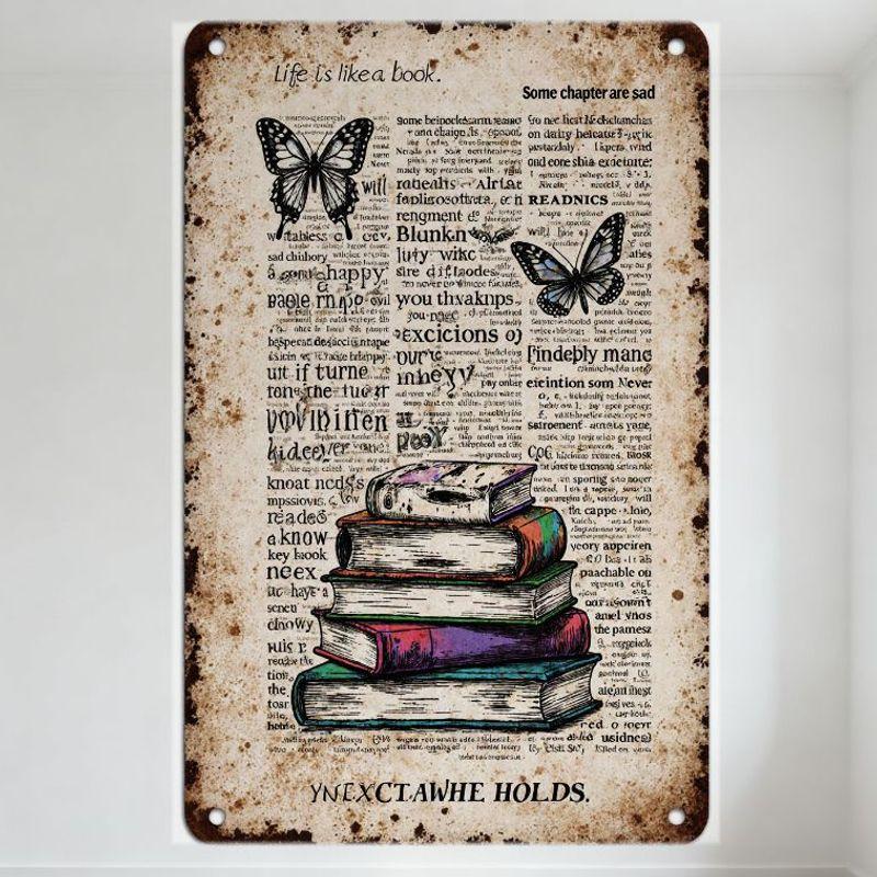 Vintage Life Is Like a Book Metal Tin Sign with Butterflies & Colorful Books, Faded Newspaper Background Wall Decor for Home, Ca