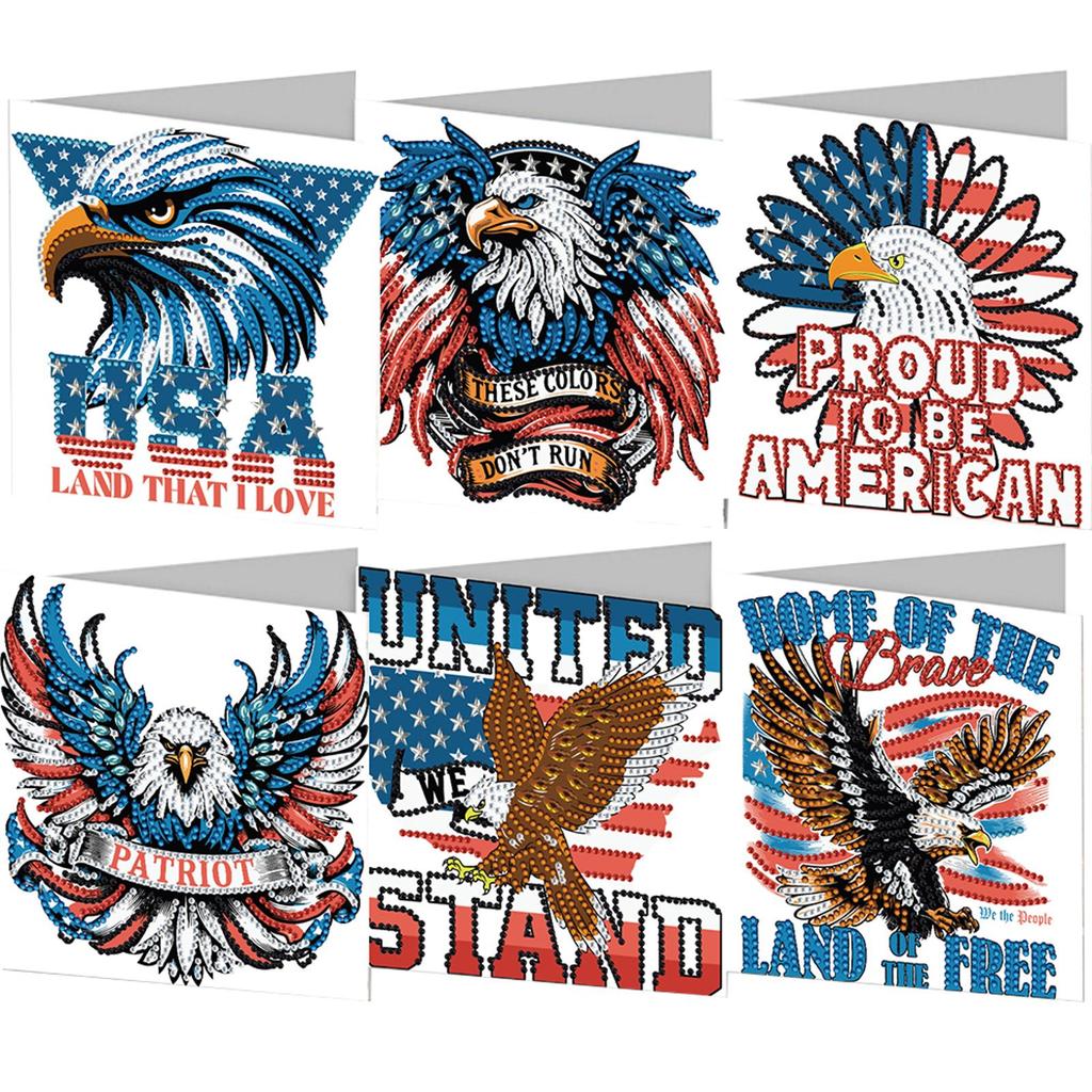 6pcs DIY Independence Day USA Flag Rhinestone Diamond Art Mosaic Postcards Diamond Art Greeting Cards for Independence Day