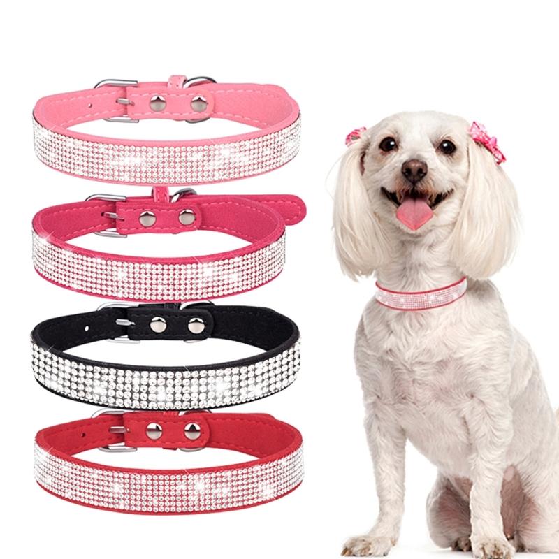Rhinestones Dog Collar Cute Dazzling Sparkling Soft Suede- Leather Dog for Cat Rhinestones Collar Crystal-DiamondP