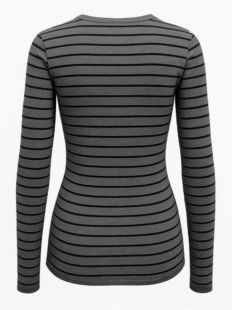 European & American Striped V-neck Long-sleeve Slimming T-shirt - Autumn/Winter Casual Korean Style