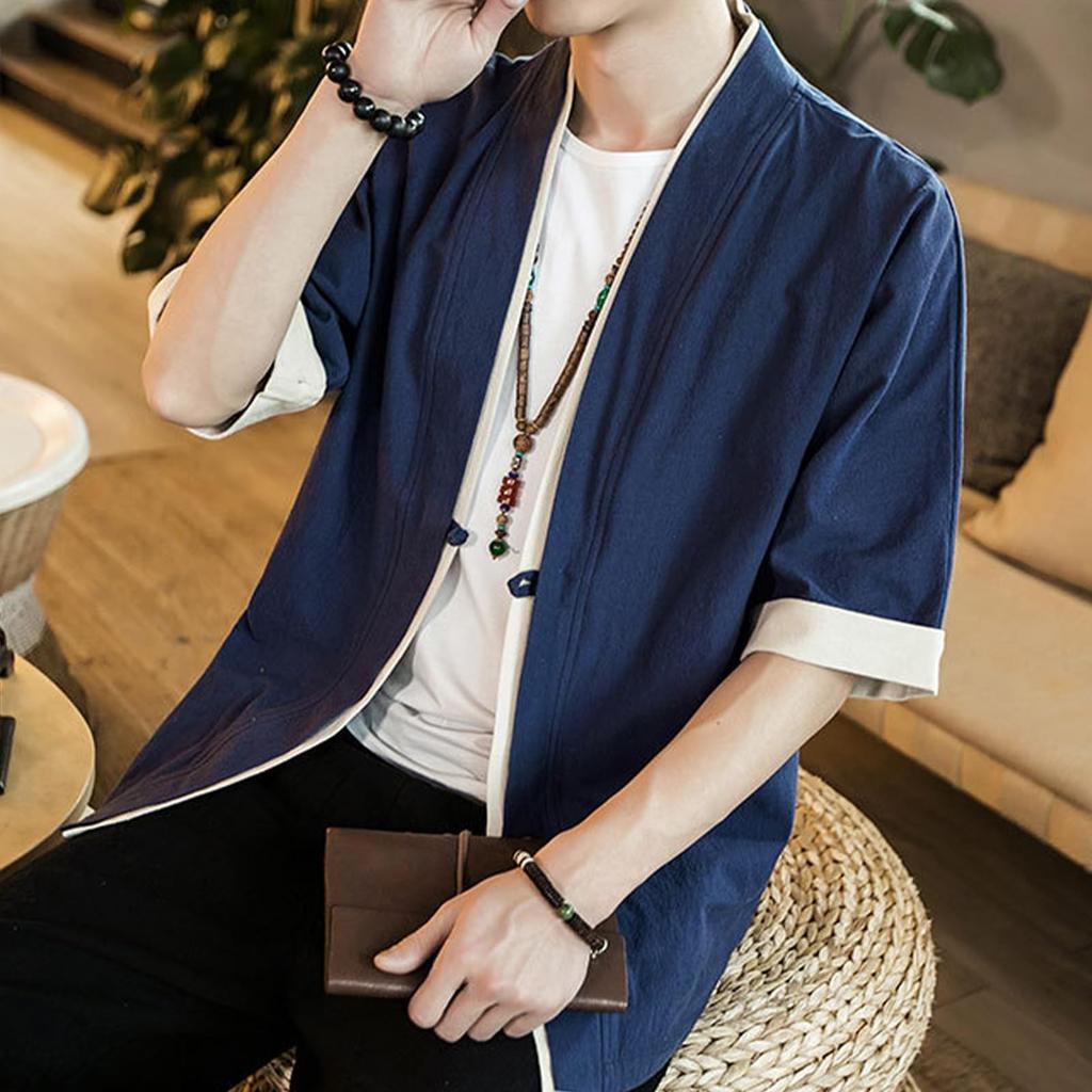 Tumao Letní Japonský Styl Krátký Rukáv Plus Japonský Japonský Kardigan Jednobarevný Volný Otevřený Límec Vrstvený Chladivý Top Pánské Oblečení, Mikina s kapucí, 5/8 Rukávy,