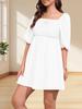 Womens Square Neck Babydoll Dress Puff Sleeve Smocked Backless Mini Dress