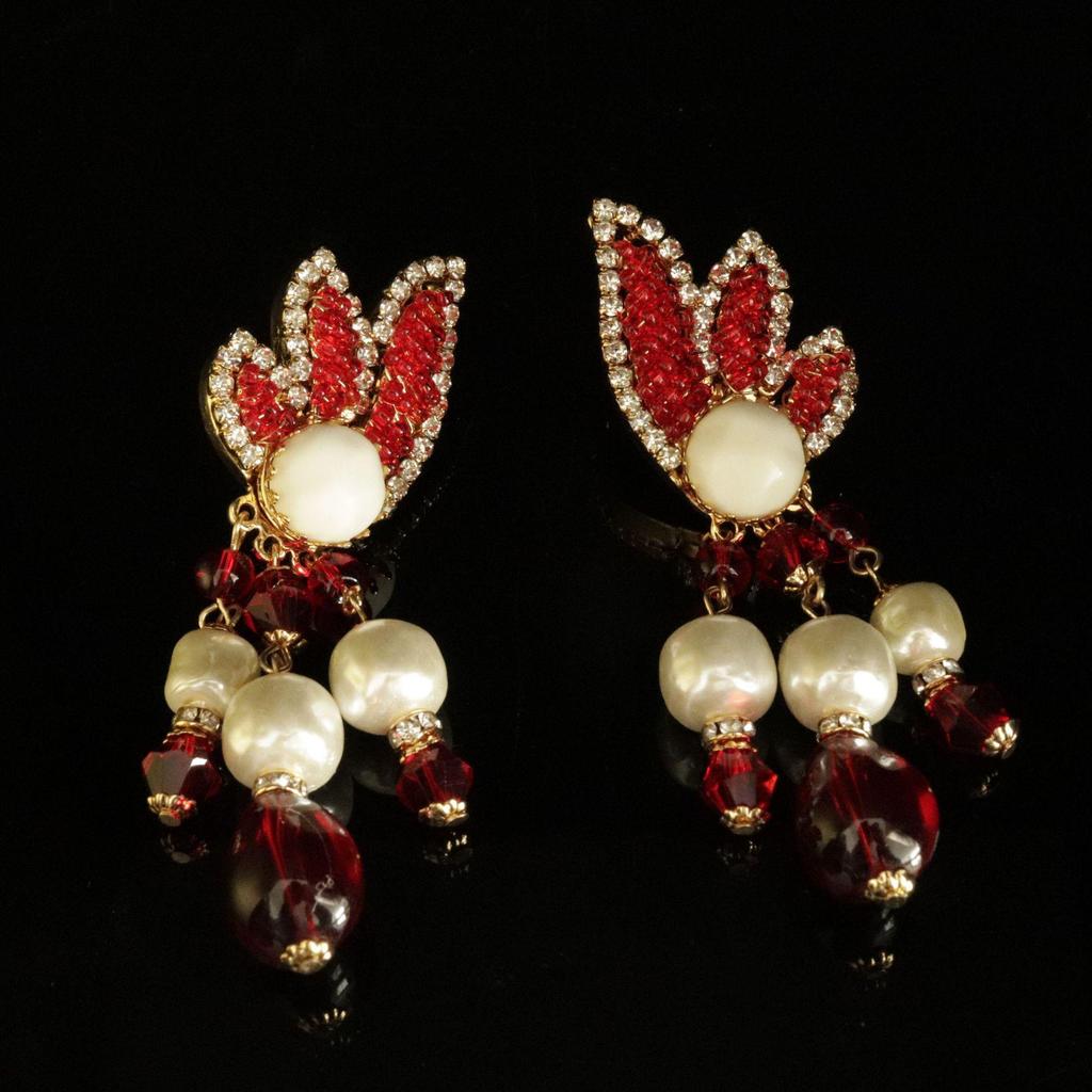 Baroque Pearl Stud Earrings & Red Hand-Woven Necklace Set