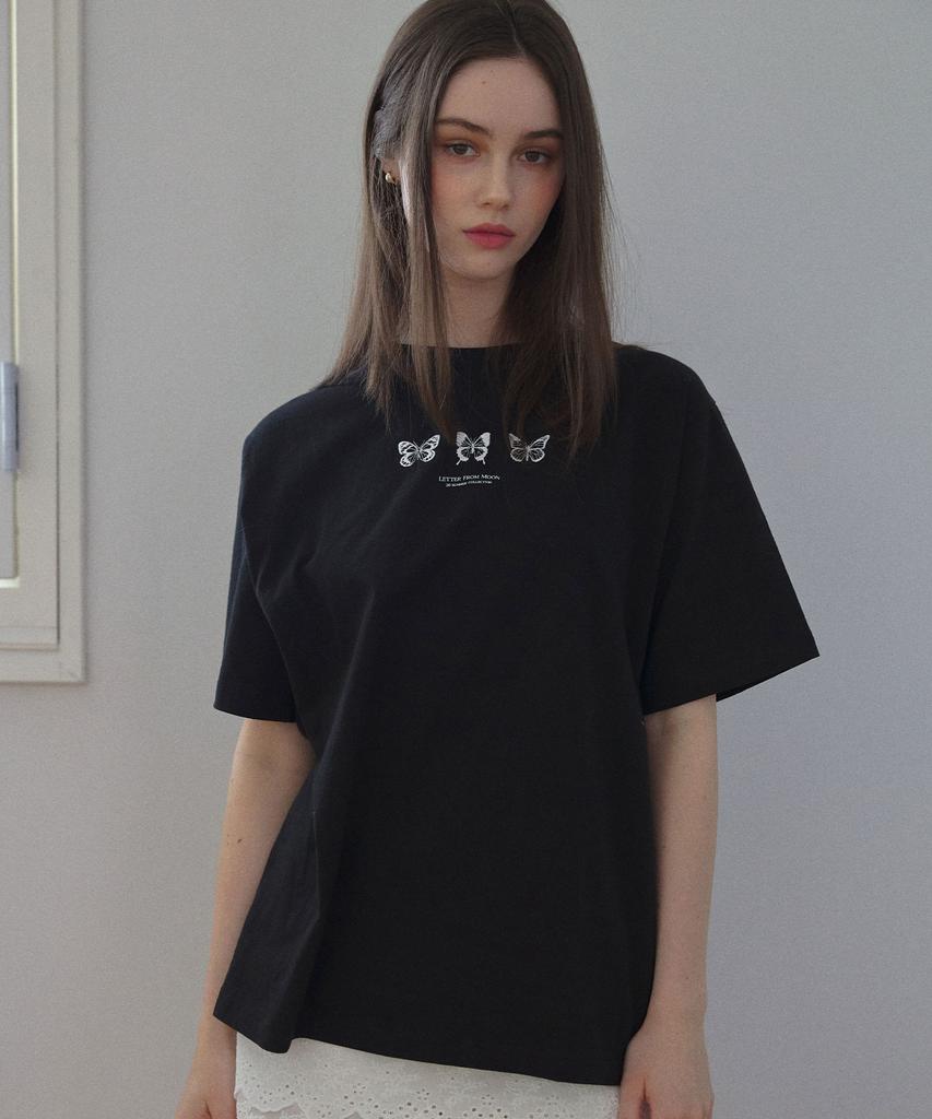 LETTER FROM MOON Triple Butterfly Embroidery Oversized Short Sleeve T-Shirt (Black)