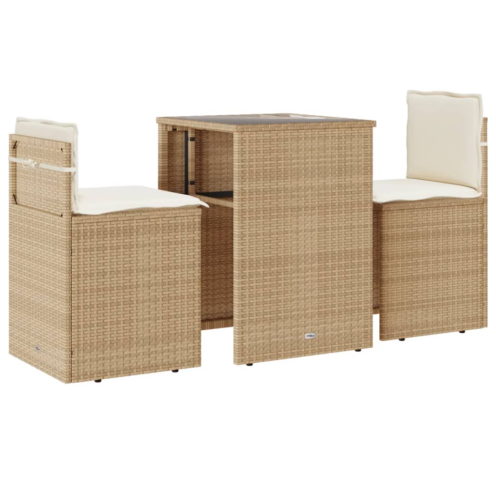 3 piece bistro set with cushions beige poly rattan