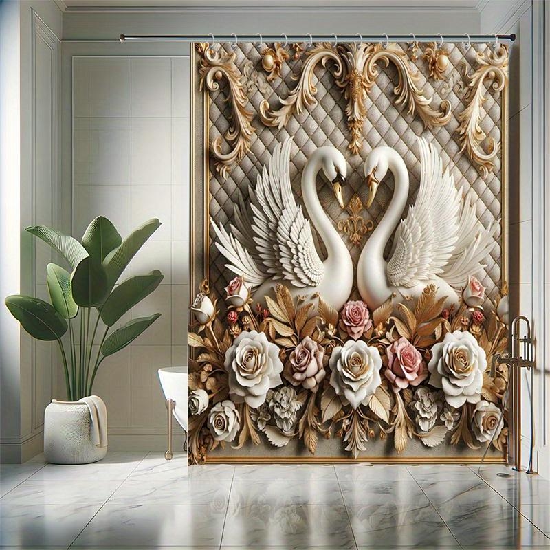 Simple Swan Shower Curtain Set - Geometric Animal Pattern, 3D Design, Includes 12 Hooks, Polyester Fabric, Modern Bathroom Decor