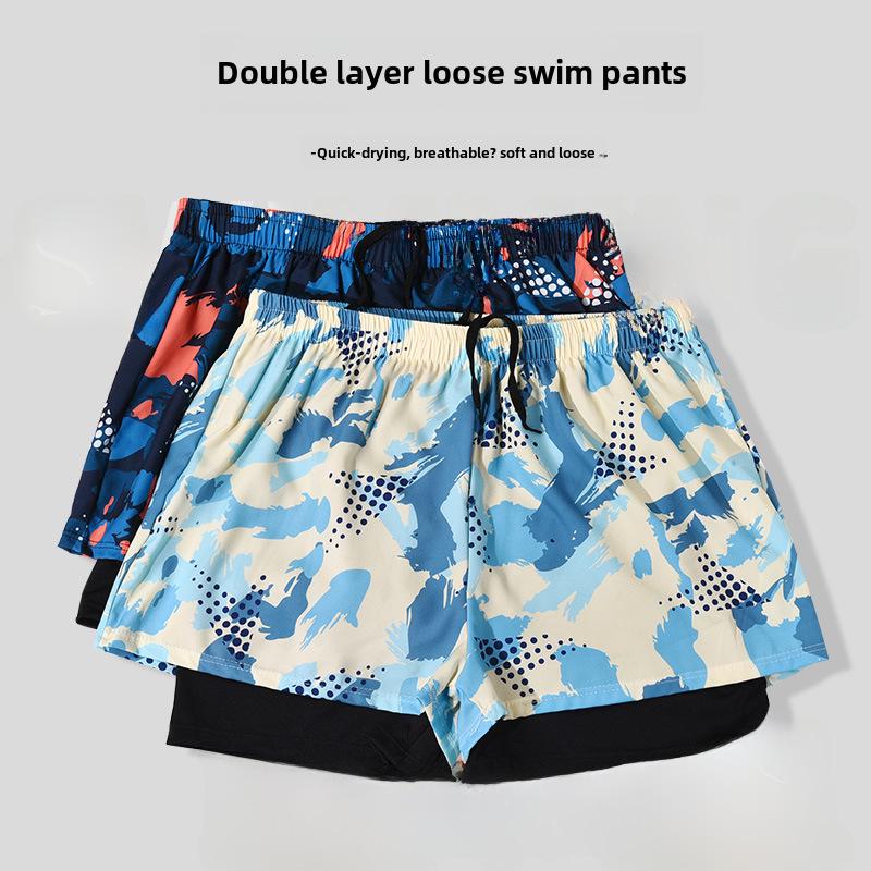 Men's Quick-Dry Double-Layer Loose-Fit Printed Swim Trunks