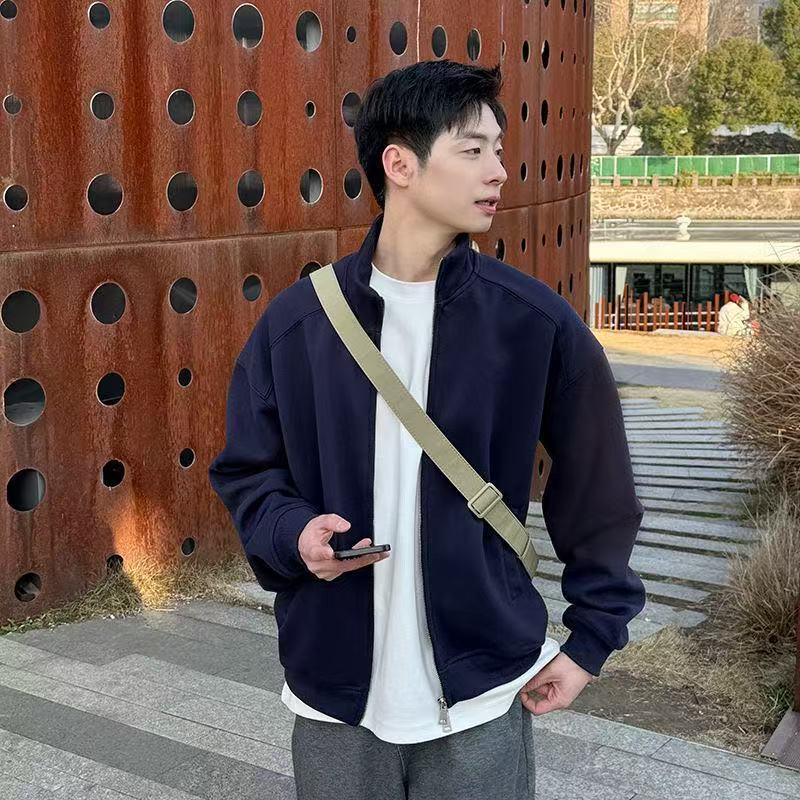 Men s Black Long Sleeve Stand-up Collar Hoodie Cardigan - Casual and Trendy for Spring/Autumn Extra Large темно-синий