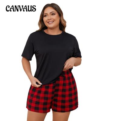 Damen-Schlafanzug in Übergröße, Sommer, rot-schwarz kariert, kurzärmelige Shorts, Homewear-Anzug