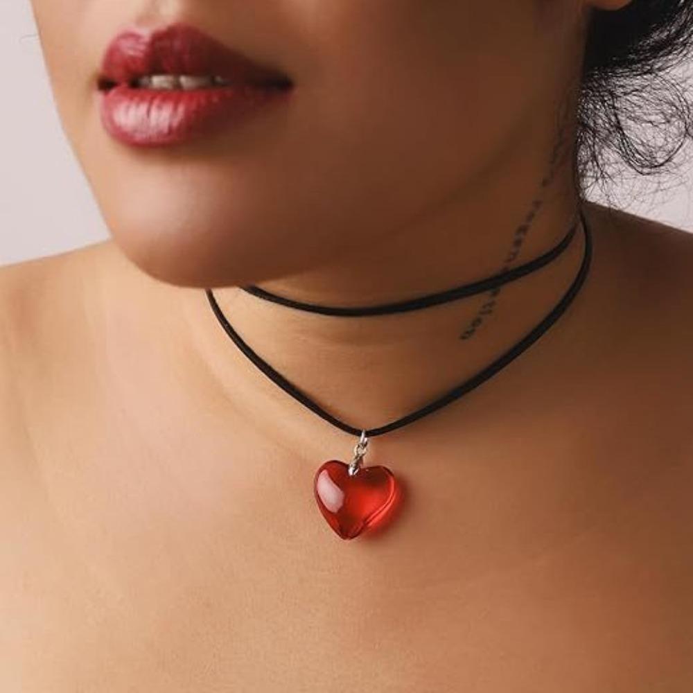 Collana a Doppio Strato con Ciondolo Cuore Rosso Nero in Vetro e Cristallo con Cordino Nero Y2k Semplice per Donne Punk Gotico Gioielli da Indossare Quotidiano Regali