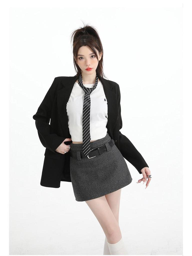 Plus Size Gray Woolen High Waist A-line Skirt for Spring/Autumn