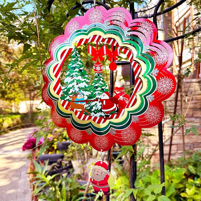 Wind Spinner Outdoor Metal 3D Wind Spinner Hanging Yard Garden Decor Gifts Stainless Steel Heart Pattern Spinners with 360° Rotating Hook Santa Claus