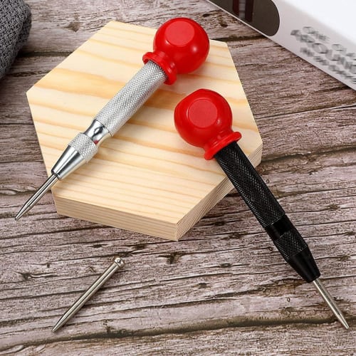 MINBOOT Auto Punch, Center Punch, Set of 2, High-Speed ??Steel, Adjustable Hole Position, Portable (Black with Red Cap + Silver with Red Cap)