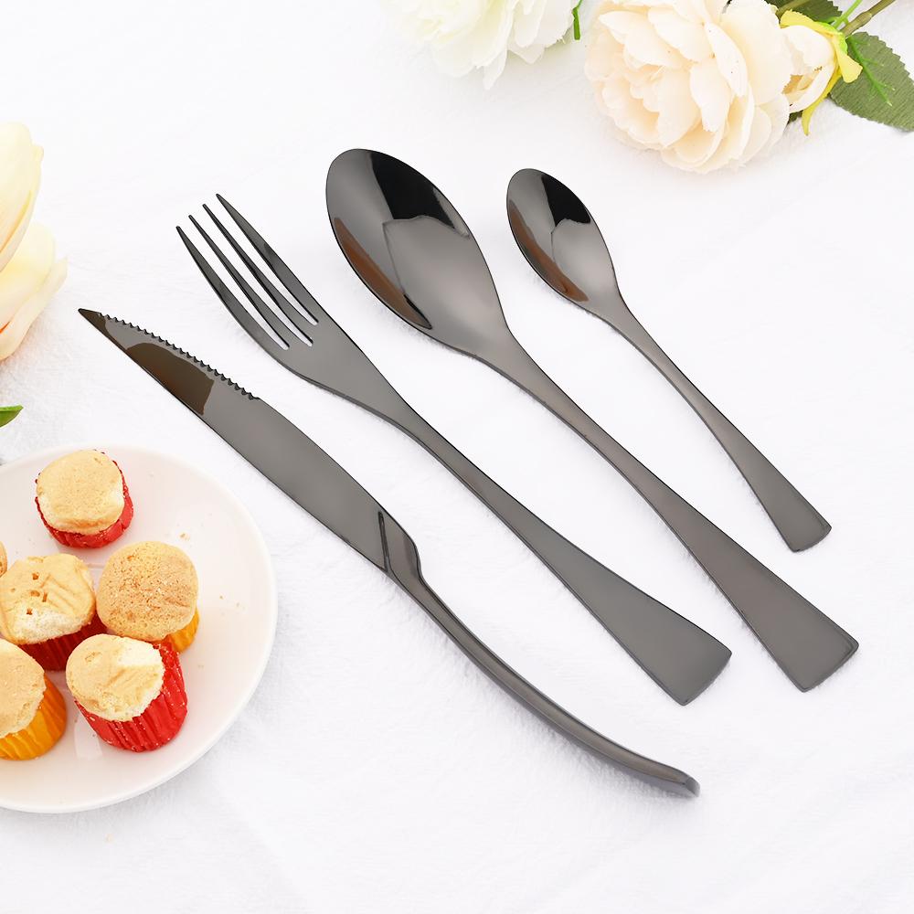 24pcs Black 304 Stainless Dinnerware Set Sharp Steak Knife Fork Coffee Spoon Cutlery Set Stainless Steel Flatware Silverware Kitchen Tableware