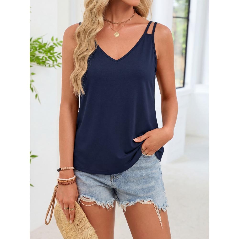 Women's V Neck Double Spaghetti Strap Loose Fit Solid Color Camisole Casual Summer Inner Layer Sleeveless Tank Top