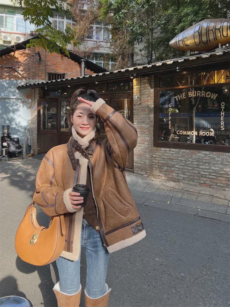 2024 Women's Retro Winter Motorcycle Jacket - Lambswool, Suede, Deerskin, Maillard Fur Coat