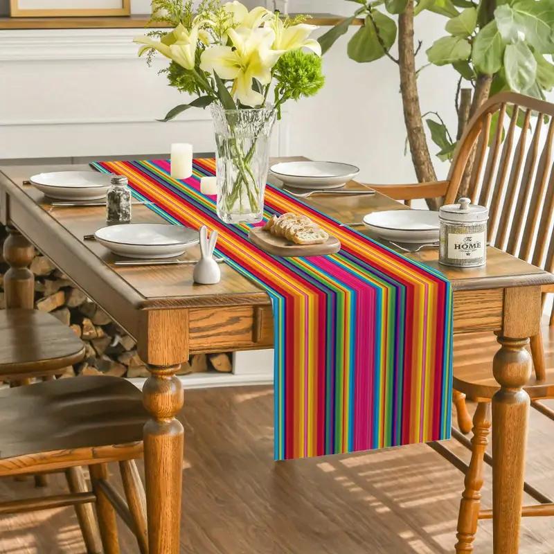 Runner da Tavola in Lino Stile Messicano Decorazioni Festa Messicana Fiesta Strisce Geometriche Colorate Runner da Tavola Decorazione Tavola da Cucina e Sala da Pranzo