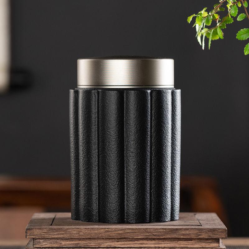 Black Ceramic Storage Jar Vertical Pattern Tea Can Alloy Double Lid Candy Box Kitchen Food Storage Container Home Decoration New