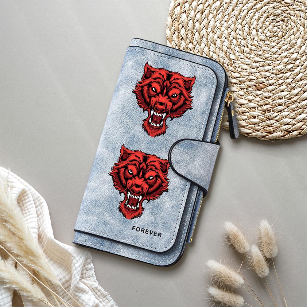 Red Wolf Print Long Wallet Fashion Faux Leather Multi Card Holder Forever Style Purse