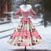 Women's Casual Dress Long-Sleeve V-Neck Patchwork Fleece Christmas Print Dress