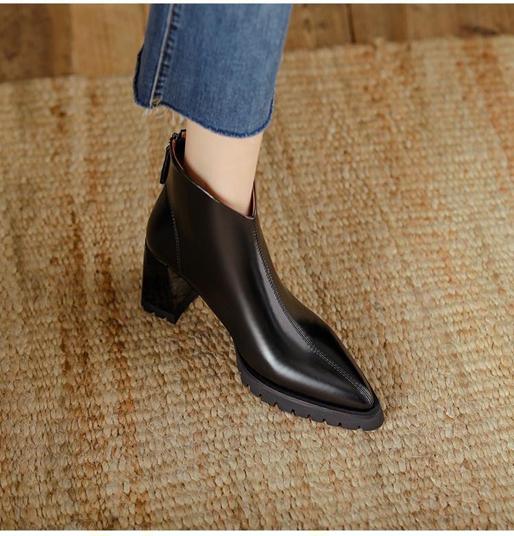 French Retro Pointed Toe Chunky Heel Ankle Boots for Women - Soft Leather, Thick Sole, Nude High Heel, Short Shaft, Autumn Style.
