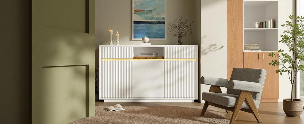 Sideboard White with LED 140x40x85 Cm, Chest of Drawers with 2 Drawers and 3 Doors, with Adjustable Shelves, Modern Living Room, Hallway, Kitchen
