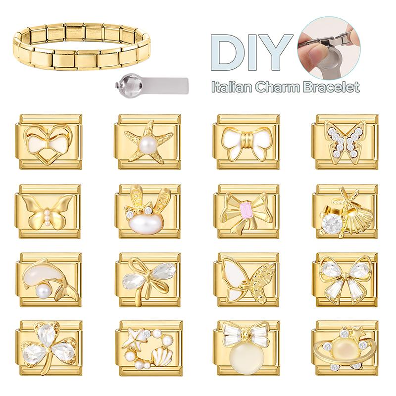 New Gold Color Heart Bow Rabbit Ears Pearl Italian Charm Links Fit 9mm Stainless Steel Bracelet Women Men DIY Making Jewelry