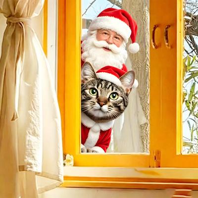 Christmas Sticker Santa Claus and Siamese Cat Sticker Window Decoration Stickers for Christmas Atmosphere