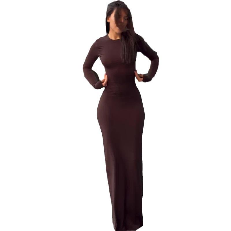 2024 Herbst Damen Einfarbig Slim Fit Rundhals Langarmkleid