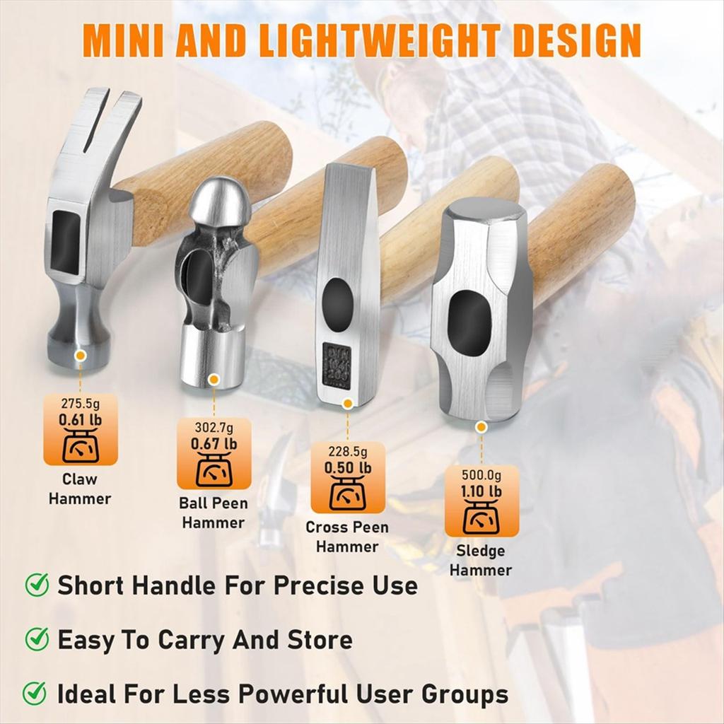 2025+ 4Pcs Small Hammer Set, · and Polished Steel Head, Short Wood Handle, 10oz Claw Hammer, 11oz Ball Peen Hammer