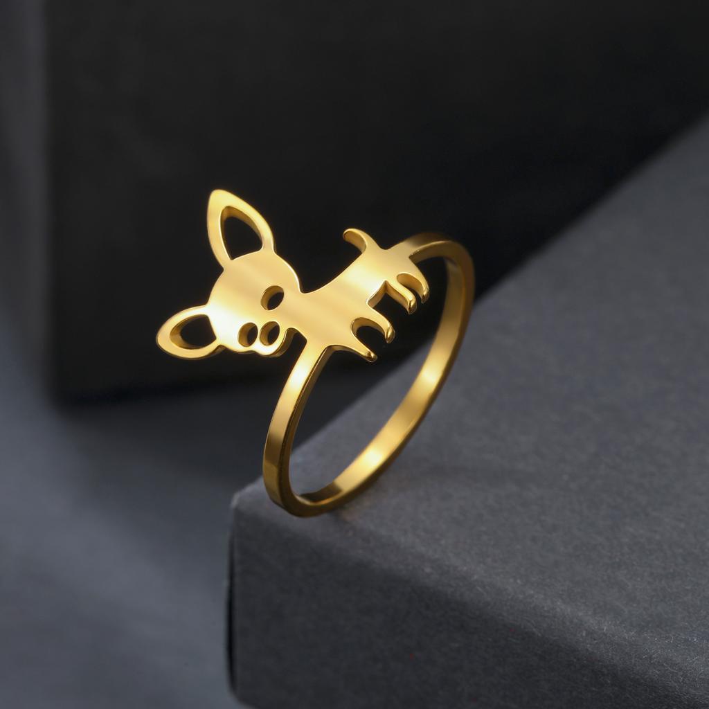 Cute Chihuahua Dog Ring Stainless Steel Gold Women Rings Animal Jewelry Birthday Gift
