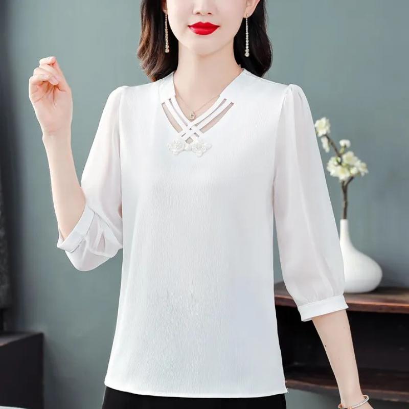 

Solid Color Chiffon Shirt Women s New Summer V Neck Bottoming Top 3/4 Sleeve Versatile Pullovers Chiffon Blouse 5XL