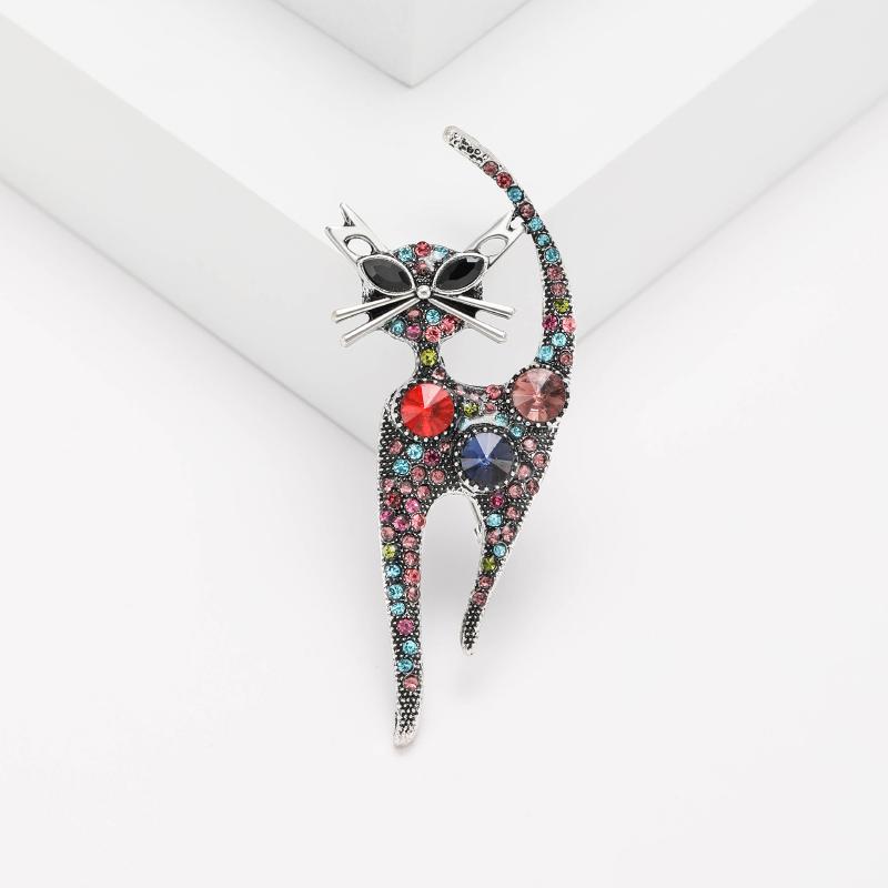 1Pcs Birthday Jewelry Crystal Cat Brooch For Women Vintage Enamel Animal Pin With Sparkling Rhinestones Cute Gift For Coats Bags
