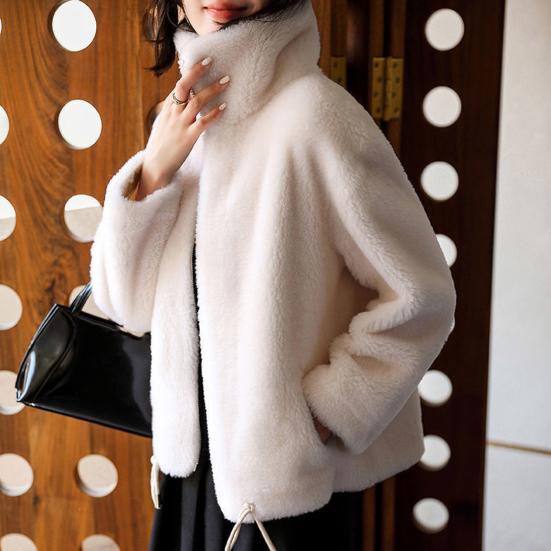 Women's Fuzzy Fleece Jacket Long Sleeve Stand Collar Full Zip Up Sherpa Coat Fall Winter Warm Jacket with Pockets