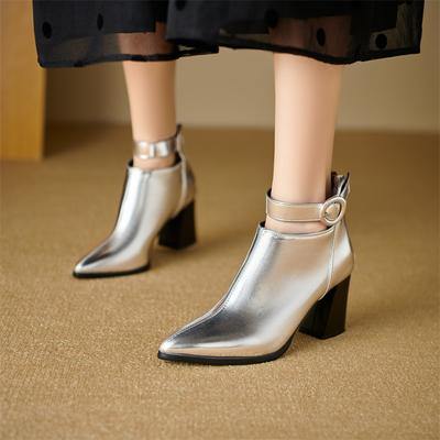 FOREADA Women Ankle Boots Pointed Toe Thick High Heels Buckle Zipper Metallic Short Boots Ladies Fashion Shoes Autumn Winter