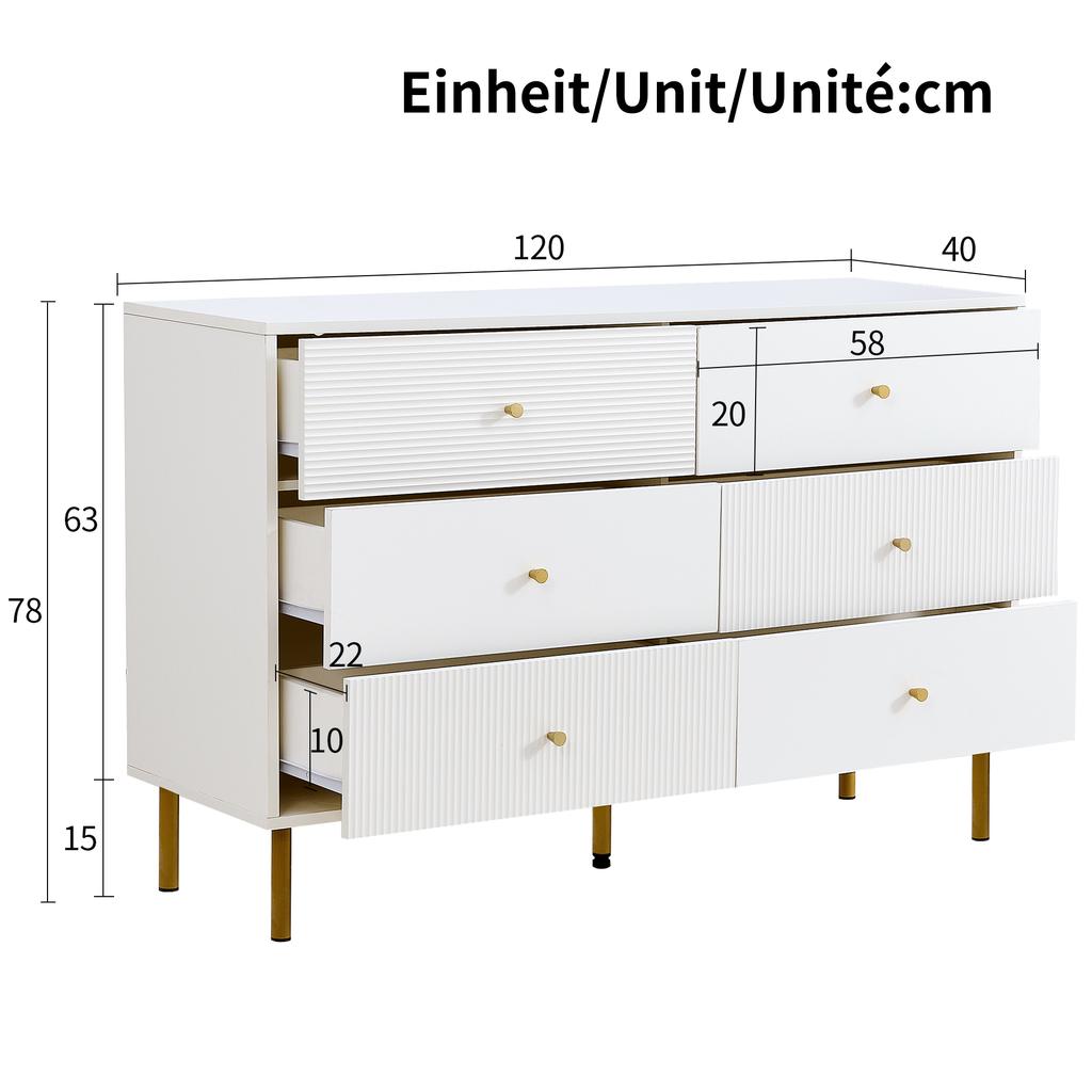 Modern 6-Drawer Chest, White Storage Chest with Zinc Alloy Handles & Steel Legs, 120×40×78cm MDF Cabinet for Bedroom, Living Room, Entryway
