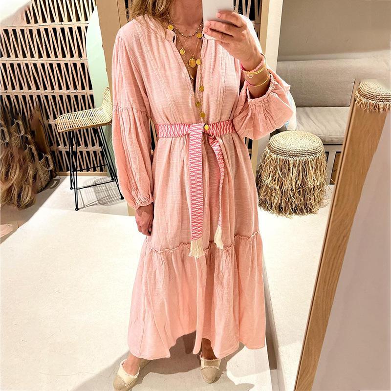 2025 Autumn New Style, Women's, Fashion V-neck, Bubble Sleeves, Bohemian, Cotton and Hemp, Dress