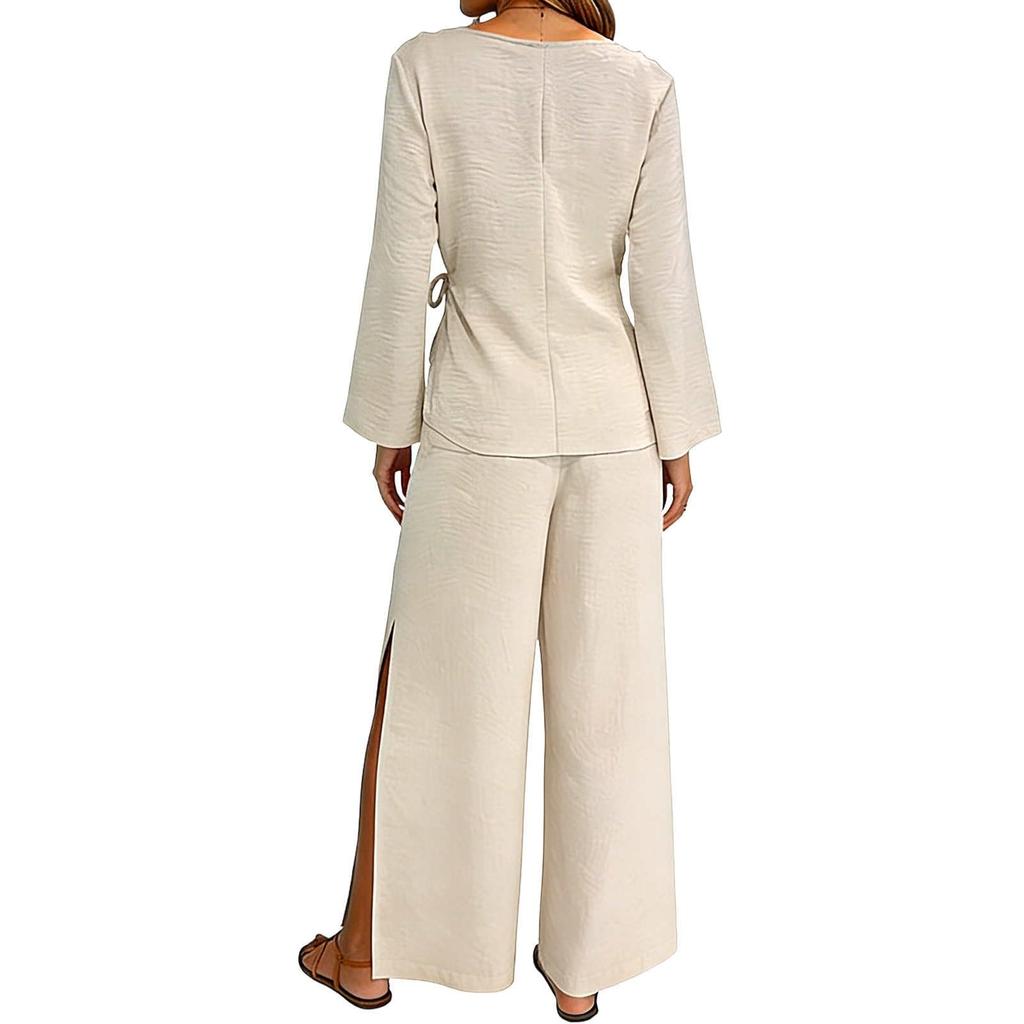 Women's Casual V-neck Long Sleeved Shirt Long Pants Two-piece Set