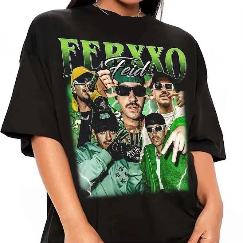 Rapper Feid Ferxxo Concert Tops Fashion Hip Hop Y2K Top Casual Loose Short Sleeve Oversized Print O Neck Streetwear Unisex