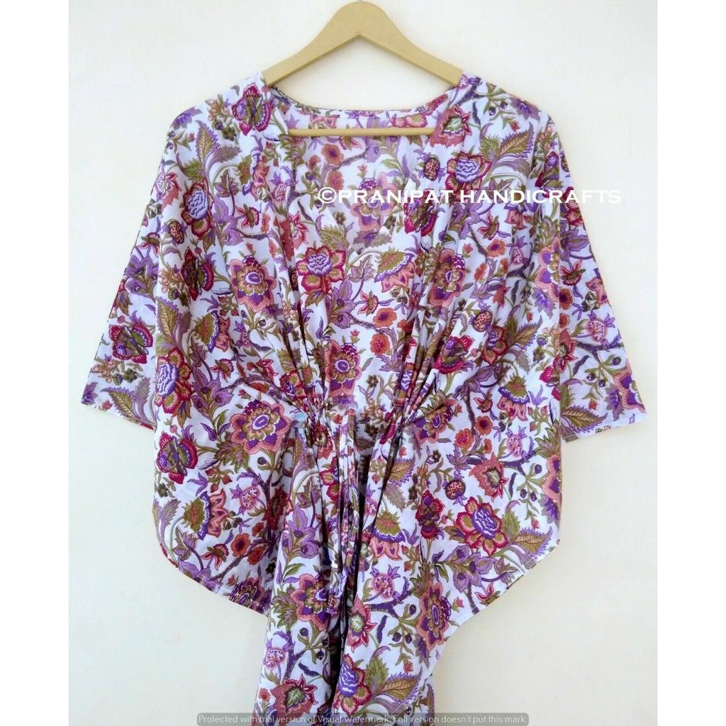 Indisches weißes langes Blumendruck-Baumwoll-Hippie-Maxi-Frauen-Nachtwäsche-Kaftan-Kleid CKFTN-SCRN-FULL-BUYIT-070