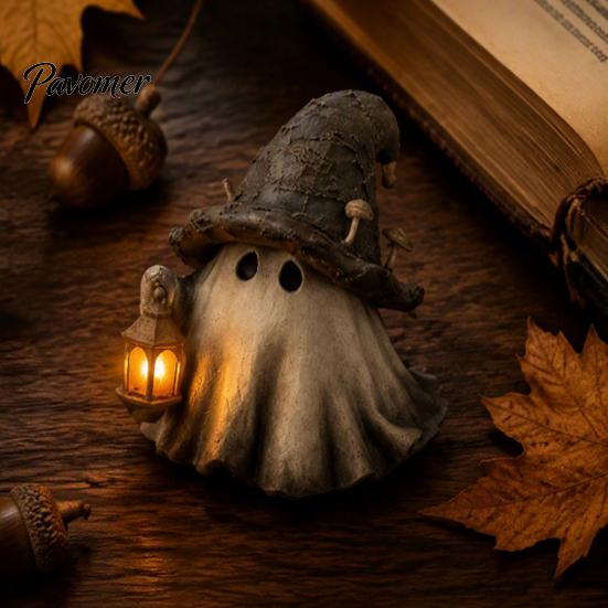 Resin Ghost Figurine Halloween Wizard Hat with LED Lighted Lantern, Vintage Small Table Decor Witch Statue for Fall Tabletop Mantel Home Party