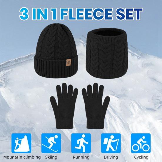 3Pcs/Set Men Hat Scarf Gloves Set Solid Color Twist Texture Brimless Hat Neckerchief Knitting Gloves Set Winter Accessories