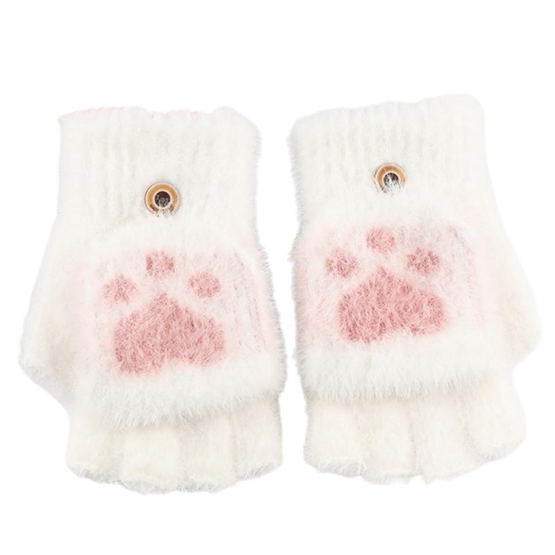 Cartoon Plush Cats Paw Fingerless Mittens with Flip Top Winter Knitted Gloves Stretchy Soft Mitten Elastic Warm Mitte