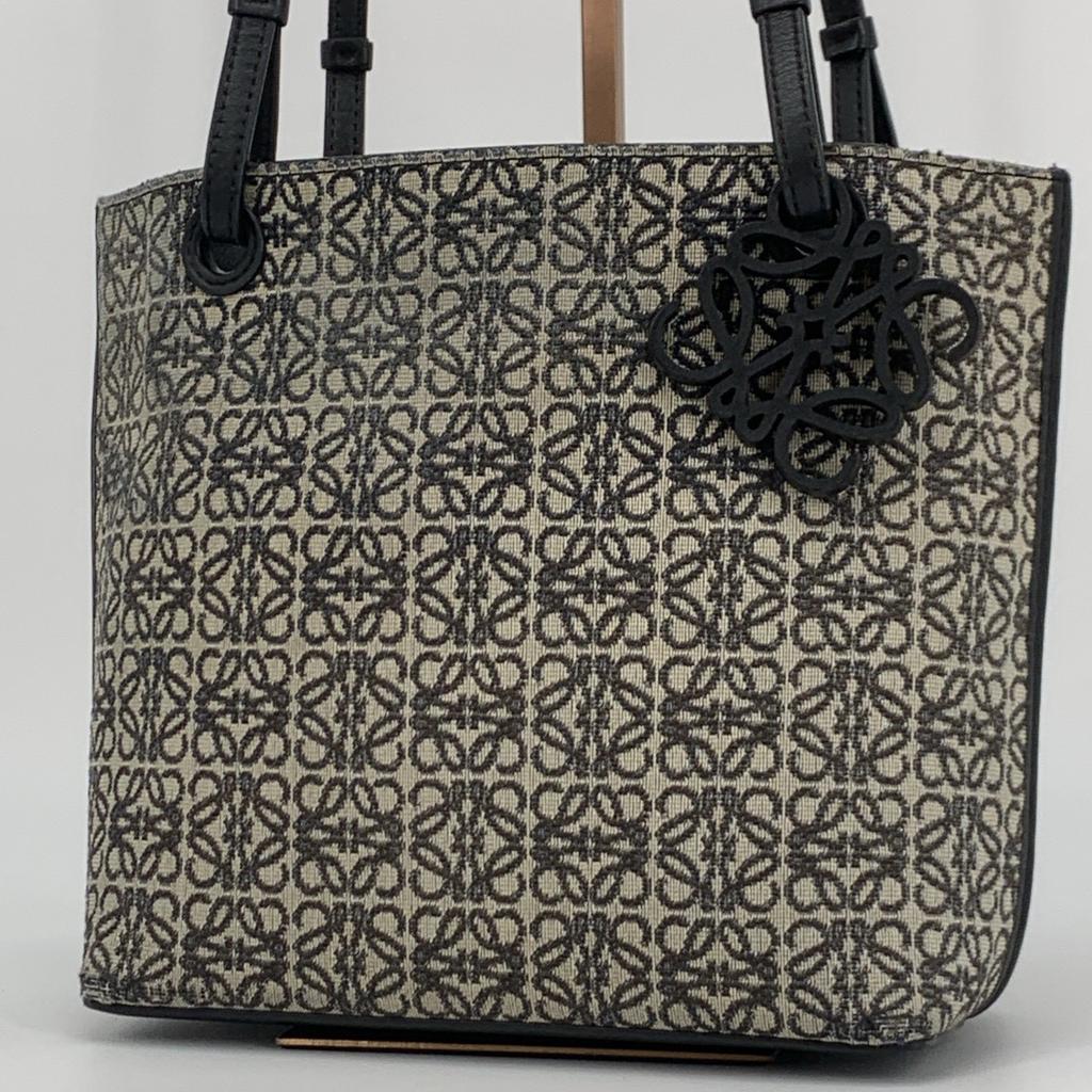 LOEWE Repeat Anagram Jacquard Square Tote Shoulder Bag Canvas Calf Leather Navy Blue Black