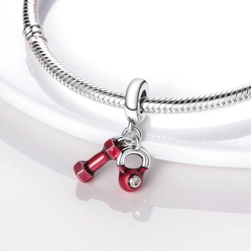 Original Charmscopper Red Fitness Equipment Dumbbell Beads Fit Charms Platabracelets For Women Jewelry Making Gifts
