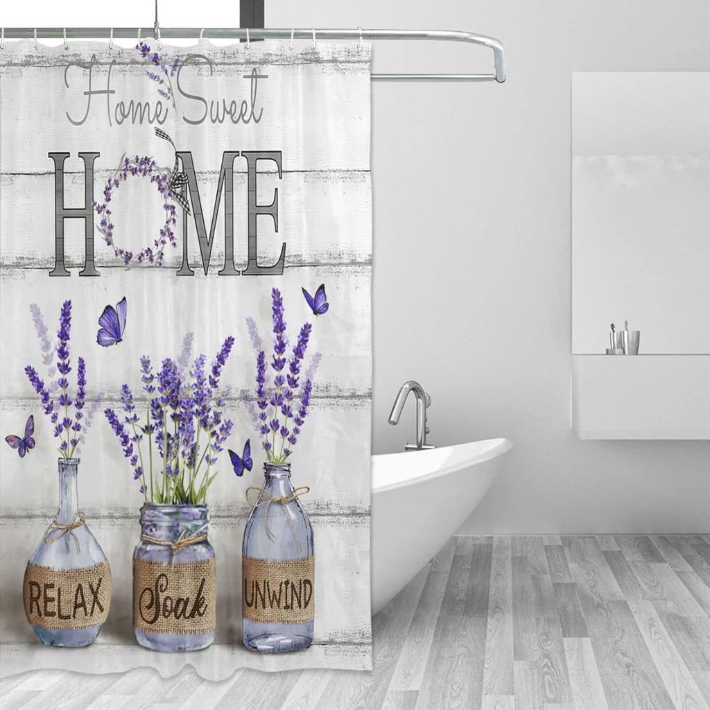 Tijuboni Purple Lavender Shower Curtain Farmhouse Flowers Shower Curtains for Neutral Country Bathroom Decor Rustic Butterfly Sh