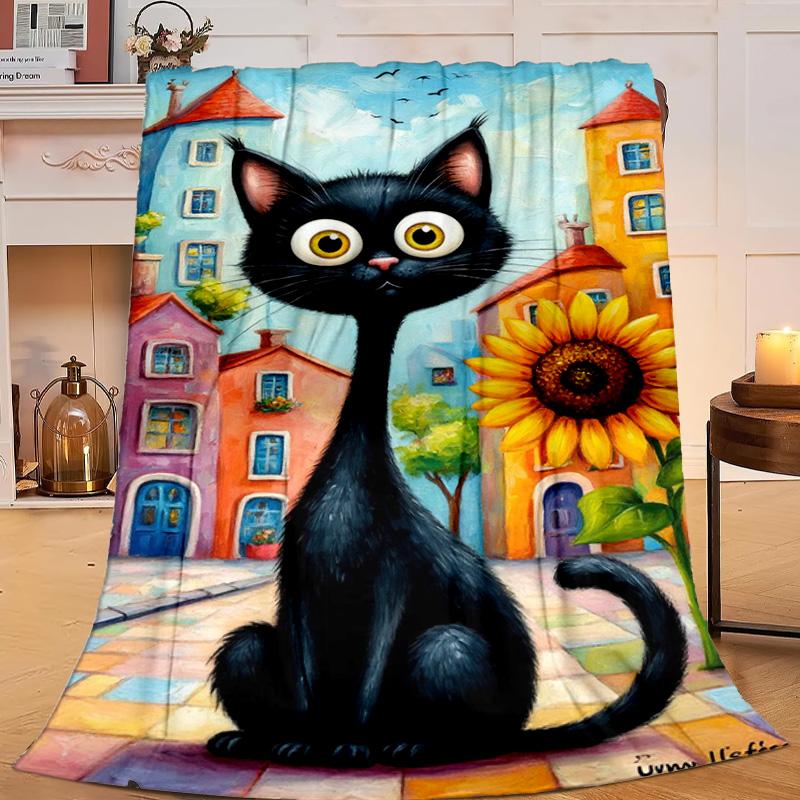 1PC Black Cat In Sunflower Town Flannel Blanket Gift, Suitable for Both Men And Women, Soft Ideal for Beds And Sofa, Birthday Or Christmas Gift